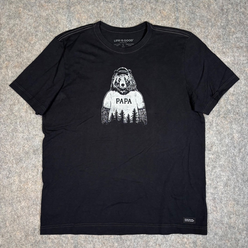 Life Is Good Papa Bear Crusher Tee Mens L Black Short Sleeve Graphic T-Shirt